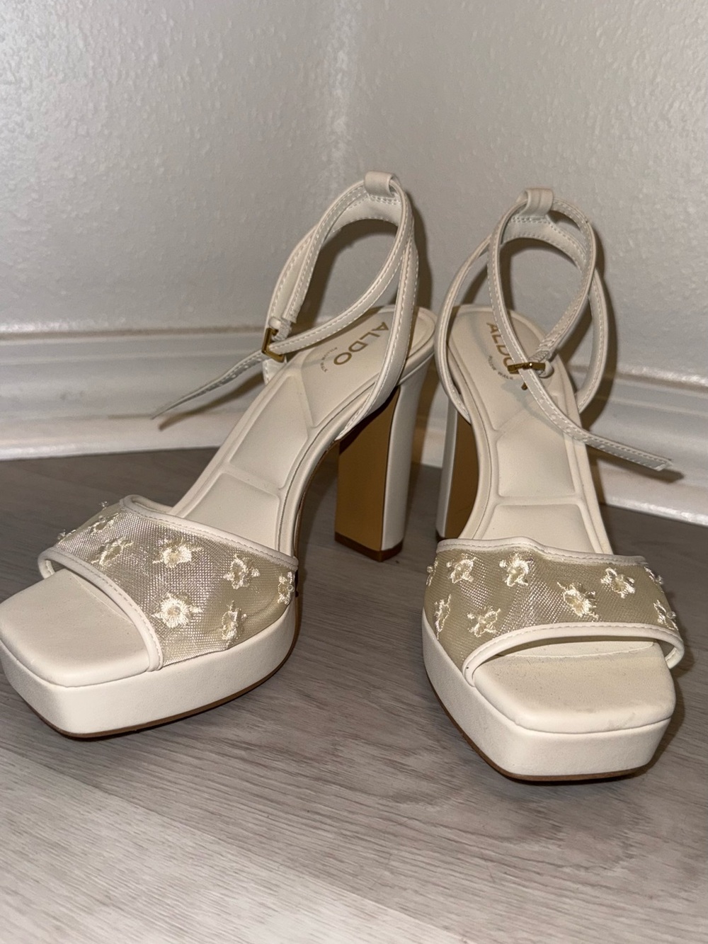 ALDO Cream Embroidered Platform Heels